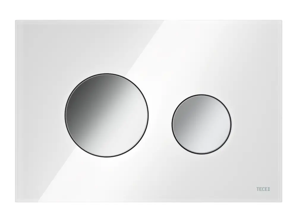 TECE WC-Betätigungsplatte aus Glas in Weiß mit zwei runden Tasten in Chrom. Die Platte hat eine klare, glatte Oberfläche und ist für die Betätigung von WC-Spülungen konzipiert.